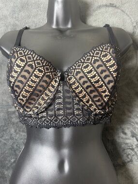 NWT Adore Me Black Nude Lace Longline Balconette Bra Lingerie Feminine 38 C